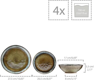 СПІВАЧКА Обідній сервіз Asti Stoneware, набір посуду з 12 предметів для 4 осіб, темний та унікальний дизайн, сучасний