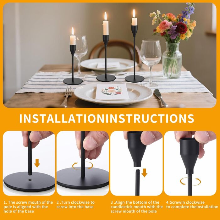 Елементний металевий свічник, 33/28/23 см, тривимірний свічник-конус, елегантний свічник-конус у ретро-стилі для весіль, вечерь при свічках, вечірок, днів народження, домашнього декору (чорний), 6-