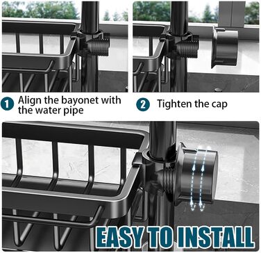 Органайзер для кухонного крана Baxnore з алюмінію, підвісна стійка для зливу крана з піддоном для крапель, тримач для губки для кухонної мийки, стійка для зливу кухні (чорний)