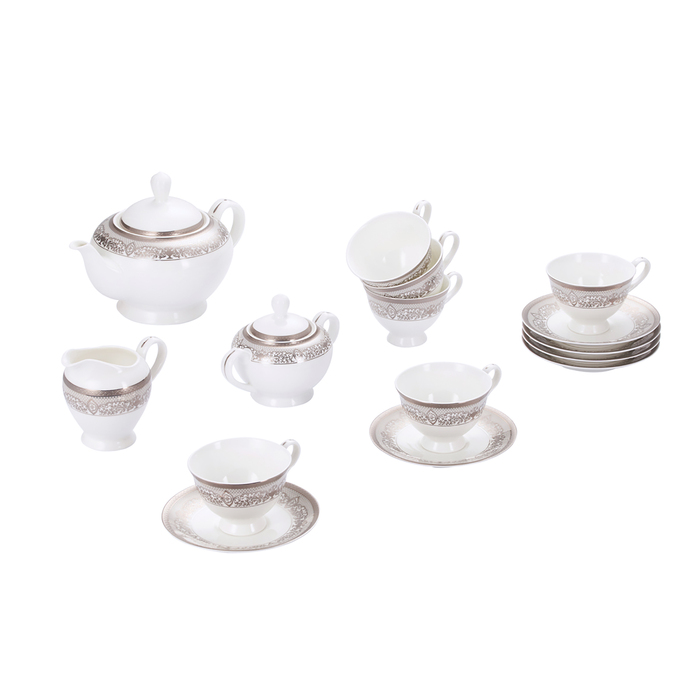 GIPFEL Сервіз чайний ARGENTO на 6 персон з 15 предметів: чашка 200мл, 6шт., блюдце 16см, 6шт., чайник заварювальний, 1200мл, 1шт., молочник, 1 шт., цукорниця, 1 шт. Колір: білий із сріблястим кантом. Матеріал: преміальна порцеляна. 40989 GIPFEL