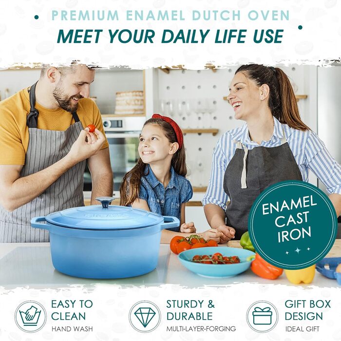 Чавунна овальна емальована каструля 6 л з кришкою, 30 x 13 см, синій vancasso