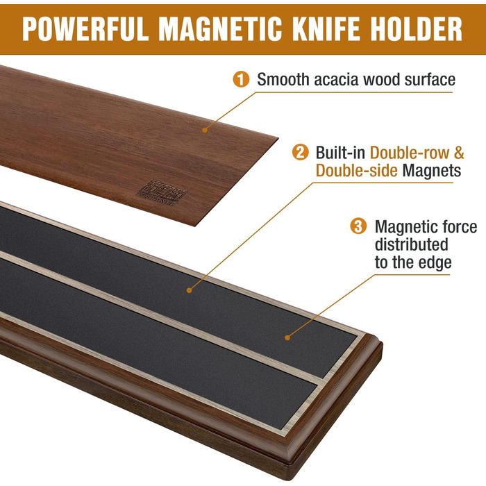 Магнітний тримач для ножів для стіни, магнітний тримач для ножів, деревяний тримач для ножів для посуду та магнітних інструментів для зберігання, 40 см/16 дюймів