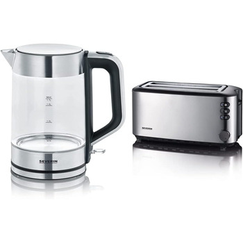 Скляний чайник SEVERIN з об'ємом наповнення 1,7 л XXL, потужний і компактний чайник в якісному дизайні, електрочайник з фільтром від накипу, 2200 Вт, скло з нержавіючої сталі, WK 3420 (комплект з тостером, 1 400 Вт)