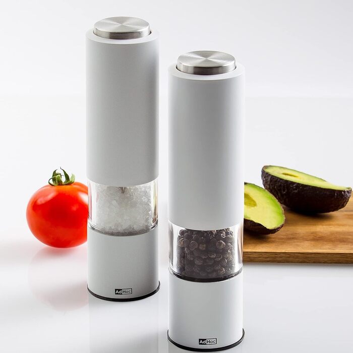 Набір електричних млинів для солі та перцю AdHoc з 2 чорно-білих тропіків з керамічною кавомолкою, що регулюється від дрібного до великого, включаючи сіль і перець (білий)