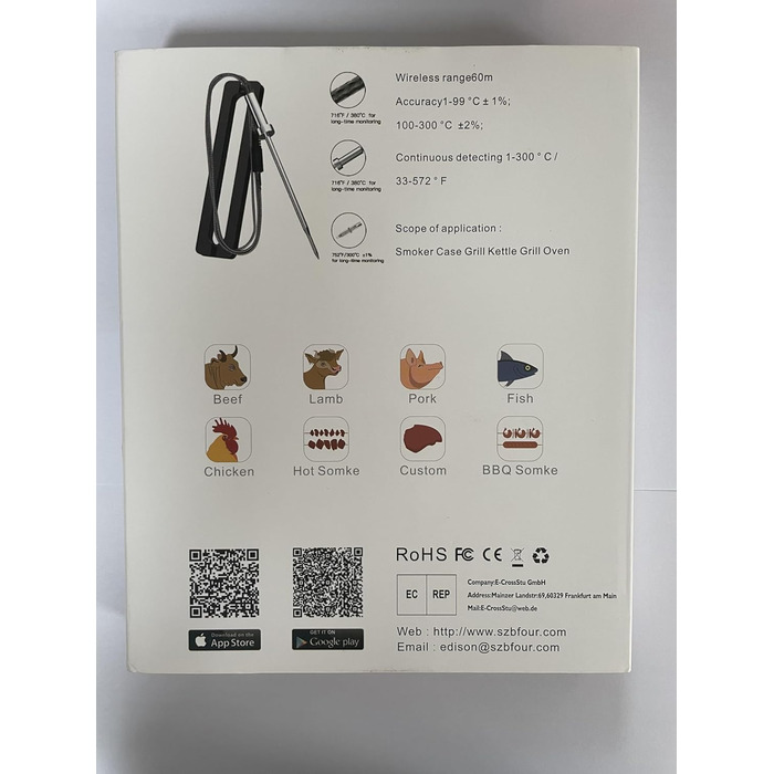 Метровий термометр для гриля Bluetooth, бездротовий термометр для м'яса з 4 зондами з нержавіючої сталі BFOUR