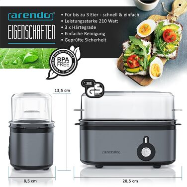 Яйцеварка - 1-3 яйця, 210 Вт, Arendo