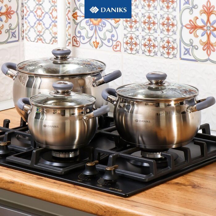 Набор из 3 кастрюль из нержавеющей стали со стеклянными крышками и силиконовыми ручками Modern Daniks