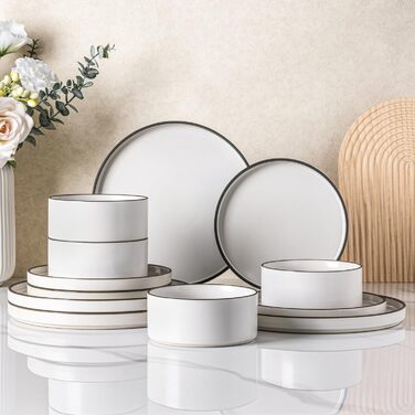 Набір посуду LeRatio для 6 осіб, набір керамічного посуду з 18 предметів, керамічна миска та тарілка, стійкі до подряпин (набір з 12 предметів, білий димчасто-чорний обідок)