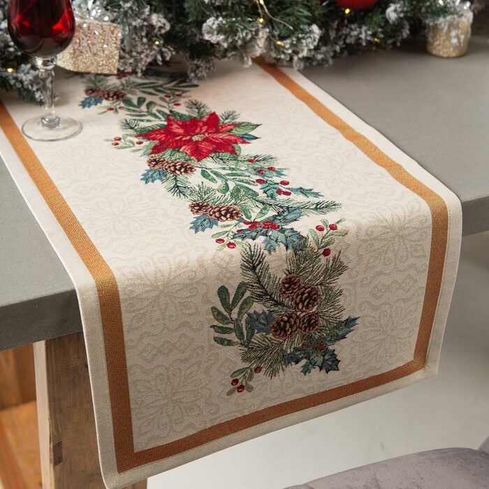 Різдвяна гобеленова скатертина Home of Christmas Скатертина на Різдво та Новий рік (Пуансетія з сосновими шишками (блискуча), доріжка 47x100 см)