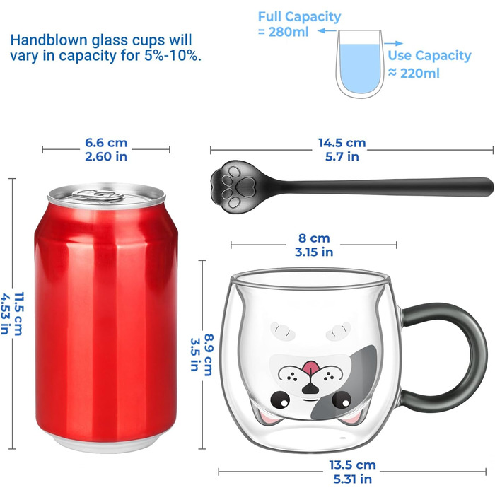 Двостінні милі різдвяні склянки для лате макіато 270 мл Кавова чашка Різдвяна кружка з ситечком для чаю Різдвяна ялинка Чайні склянки для молока, льоду, різдвяні подарунки для жінок і дітей (Тип 5 - Французький бульдог, Тип 5 - 280 мл * 1)