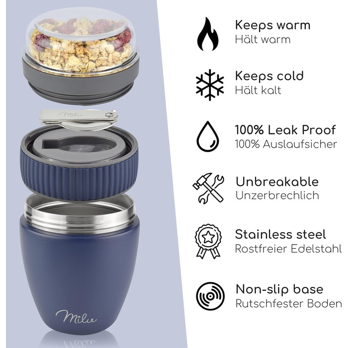 Стаканчик для пластівців Milu 400 мл з назвою MsliMax для йогурту герметичний стаканчик з ложкою (темно-синій, нержавіюча сталь)
