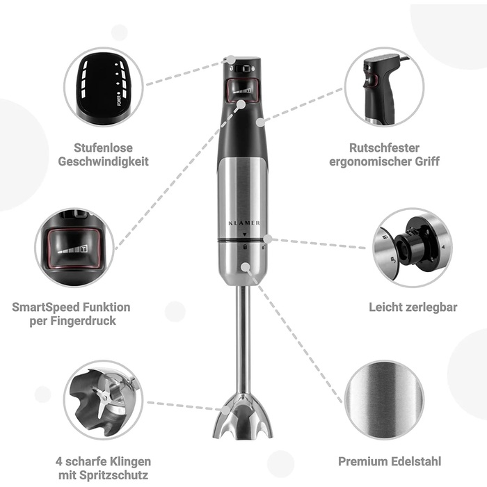 Блендер погружной 800 Вт с набором аксессуаров, 4 предмета Klamer