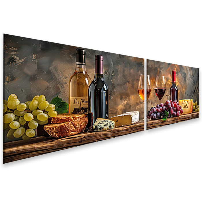Друк на полотні Сільський натюрморт з пляшками вина, келихами, виноградом, сиром, хлібом на дерев&39яному столі Картини Настінний художній постер (полотно 160x40 см - 2 частини)