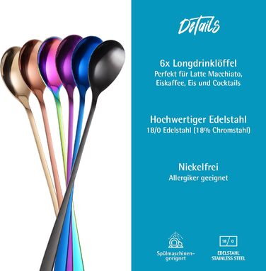 Набір ложок GRWE для лате макіато, золотистий, 6 предметів, 22 см, довгі ложки, ложки для коктейлів, десертні ложки, ложки для морозива, ложки для кави з льодом, нержавіюча сталь, можна мити в посудомийній машині (різнокольоровий)