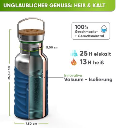 Ізольована пляшка для пиття преміум-класу з нержавіючої сталі 1л з натуральною щетиною Герметична ізольована пляшка Ізольована пляшка для університету, офісу, яку можна мити в посудомийній машині Без BPA (синій)