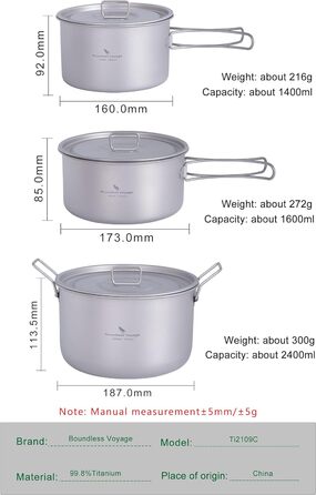 Відкритий титановий посуд 1,4 л 1,6 л 2,4 л Горщик для соусу Голландський горщик для 1-3 осіб Легкий портативний туристичний горщик Набір для приготування їжі Туристичне обладнання (1,4 л, 1,6 л і 2,4 л каструля для соусу -Ti2109C)