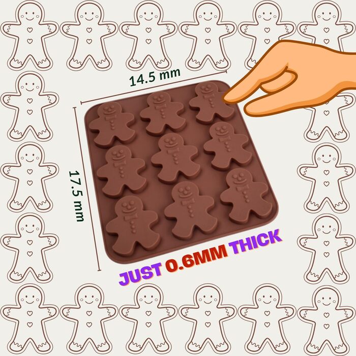 Ультратонка форма для шоколаду у формі пряникового чоловічка, різдвяна силіконова форма для випічки, антипригарна, харчовий силікон, для шоколаду, цукерок, печива, товщина лише 0,6 см, 2