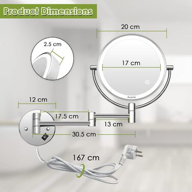 Дзеркало косметичне 20 см настінне з підсвічуванням та 10-кратним збільшенням, сріблясте Vialex
