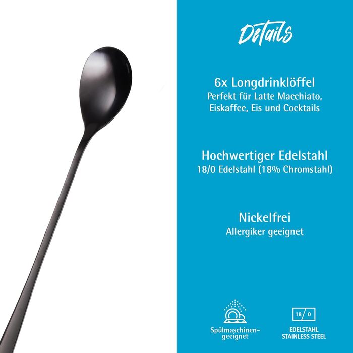 Набір ложок GRWE для лате макіато, золотистий, 6 предметів, 22 см, довгі ложки, ложки для коктейлів, десертні ложки, ложки для морозива, ложки для кави з льодом, нержавіюча сталь, можна мити в посудомийній машині (чорний)