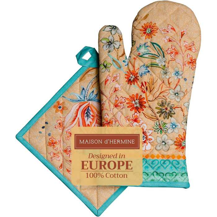 Рукавички для духовки Maison d&39 Hermine, Прихватки для каструль, 100 бавовна, термостійкі кухонні рукавички, рукавички для духовки (19 x 33 см) та прихватки для каструль (20 x 20 см) для приготування їжі, Morzine - Рукавички для духовки (19 x 33 см) та 