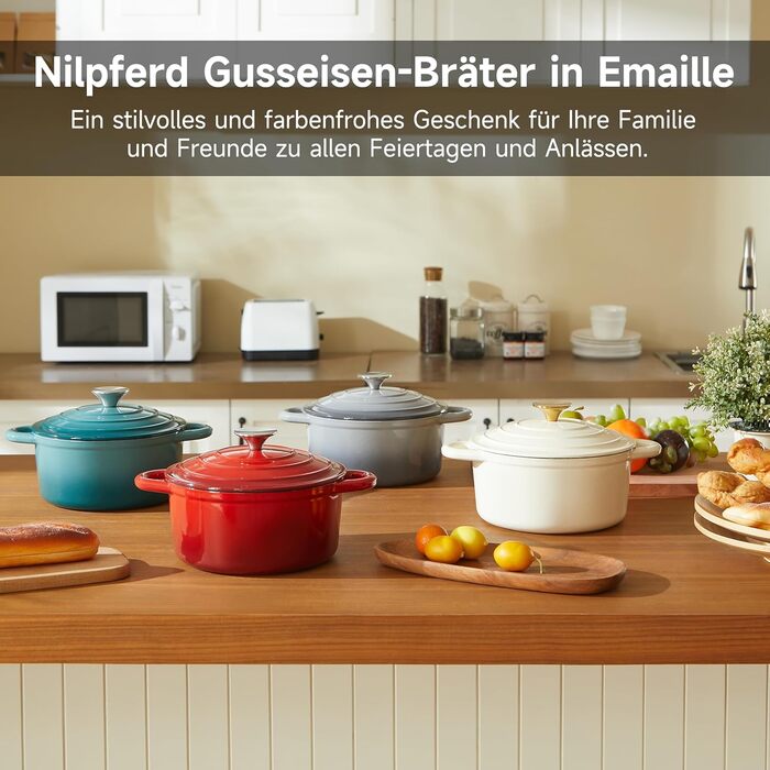 Чавунна форма для запікання 24 см, емальована з кришкою, включаючи 1 пару силіконових рукавиць Nilpferd