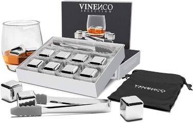 Набір каменів для віскі - 8 багаторазових кубиків льоду, щипці, тканинний мішок, VINENCO