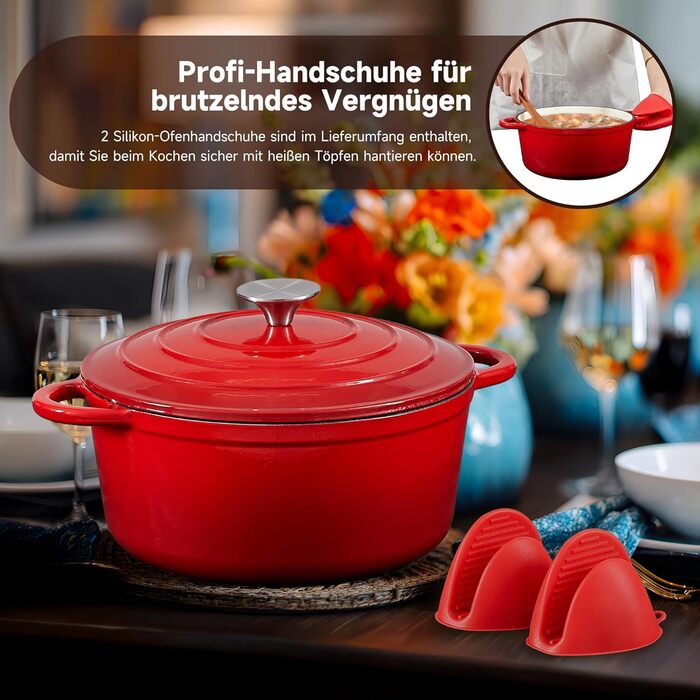 Чавунна форма для запікання 24 см, емальована з кришкою, включаючи 1 пару силіконових рукавиць Nilpferd
