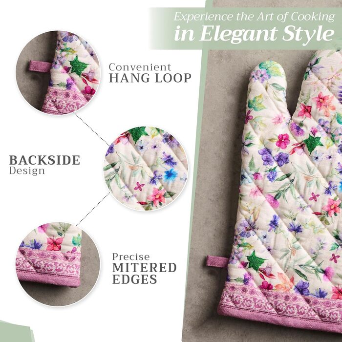 Рукавички для духовки Maison d&39 Hermine, Прихватки для каструль, 100 бавовна, термостійкі кухонні рукавички, рукавички для духовки (19 x 33 см) та прихватки для каструль (20 x 20 см) для приготування їжі, Морзін - Рукавички для духовки (19 x 33 см) та п