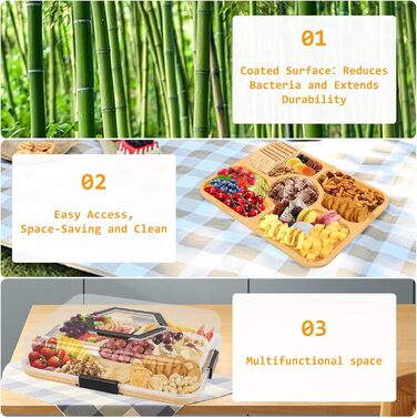 Коробка для снеків Clyfanesy з 6 відділеннями, розділений дерев&39яний піднос з кришкою та ручкою, портативний органайзер для коробки для снеків, практичний піднос для дивана, герметичний органайзер для тарілок для снеків та горіхів, 6 відділень (5 відділ