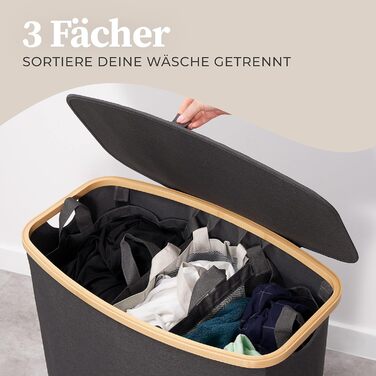 Ящик для белья 150 л - Корзина для белья 3 отделения - Крышка - Сортировщик белья с мешком для белья - Корзины для белья - Серый бамбук - Корзина для белья - Система сортировки белья - Сборник для белья 3) 150л Серый