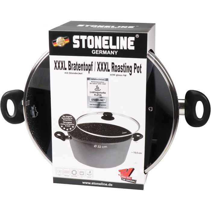 Каструля STONELINE XXL з литого алюмінію, велика, з кришкою, 7 л, антипригарне покриття зі справжніми кам&39яними частинками, індукційний посуд для всіх типів варильних поверхонь, духовка, приготування їжі без жиру та олії, сірий (32 см)