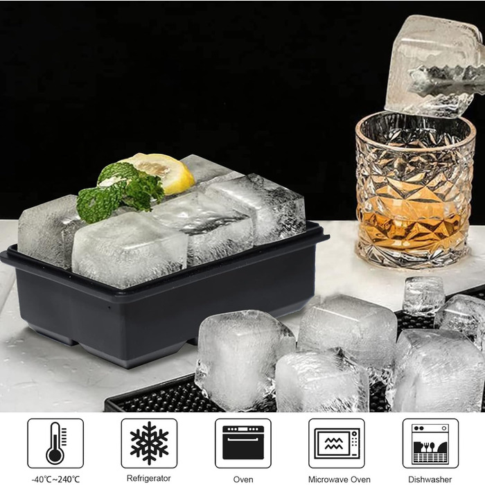 Форма для льоду LessMo XXL, 3 шт., силіконова форма для льоду на 18 отворів з кришкою, великі кубики льоду 4,8 см, штабельовані та придатні для миття в посудомийній машині, без BPA для пива, коктейлів, віскі (2 шт. чорного кольору)