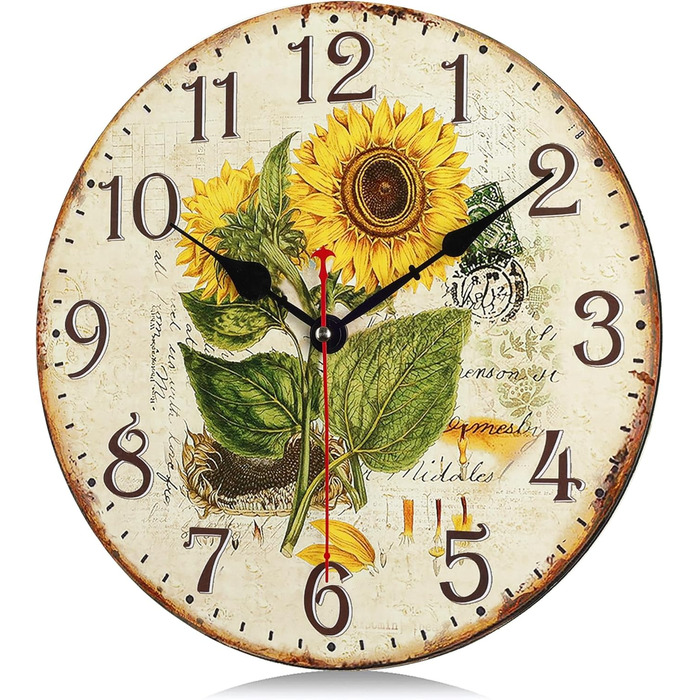 Безшумний настінний годинник Фіолетовий вінтажний, ретро дерев&39яний настінний годинник у стилі шеббі-шик Прикраса без цокання для вітальні, спальні, кухні, офісу 30 см (соняшник)