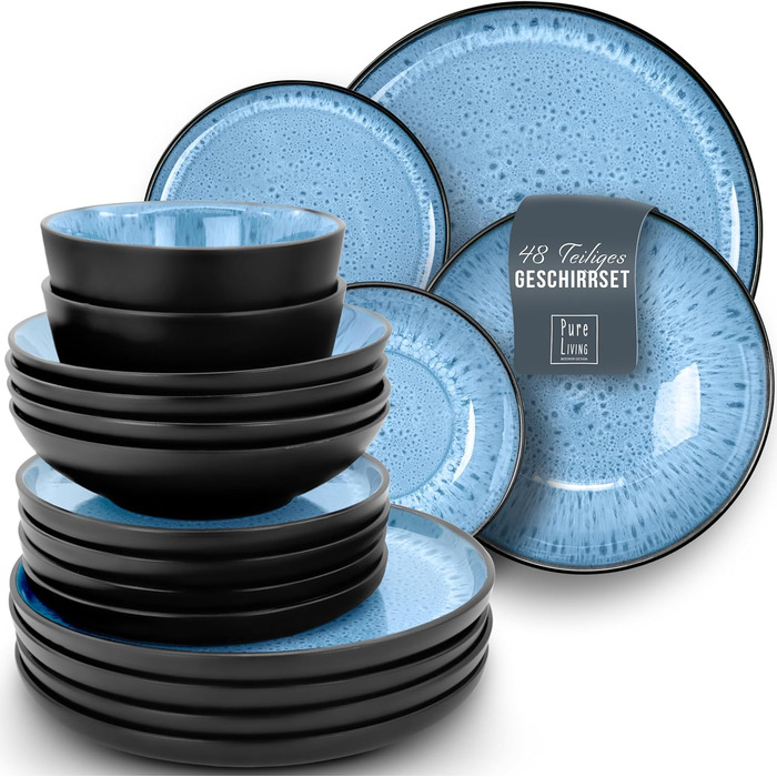 Керамогранітна глибока тарілка ТЕСТ ДУЖЕ ХОРОШИЙ Серія Ibiza Тарілки для макаронів Noble, тарілки для супу Deep стильні тарілки для пасти 6 персон - Набір посуду 6 персон, обідні тарілки, набір посуду Black With (набір із 48 предметів, темно-синій), 6 шт.