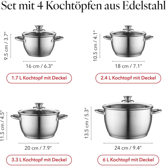 Набір посуду FLORINA 4 предмети Нержавіюча сталь 18/0 Кришка із загартованого скла Для індукційних, газових, електричних та керамічних варильних поверхонь Можна мити в посудомийній машині Високоякісний набір посуду для кожної кухні (8 предметів, Henry)