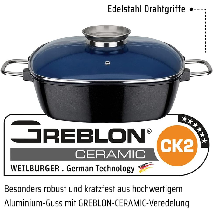 Квадратна жаровня GSW Ceramica високоякісна жаровня з кришкою, ідеально підходить для тушкування, приготування на пару та смаження, також підходить для індукції та використання в духовці синя, литий алюміній, 5 літрів