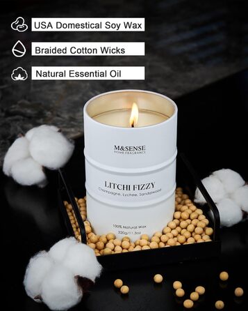 Ароматичні свічки M&SENSE з натурального соєвого воску, натуральна соєва свічка для домашнього декору, тривалий час горіння до 70 годин, класні подарунки для чоловіків та жінок (320 г, лічі, шипучі)