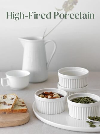 Набор крем-брюле DOWAN, 6 фарфоровых чашек для суфле с антипригарным покрытием, миски для крем-брюле для вкусного приправленного мяса, миски для рагу, духовка, микроволновая печь, можно мыть в посудомоечной машине, Ø10 см (120 мл, белый)