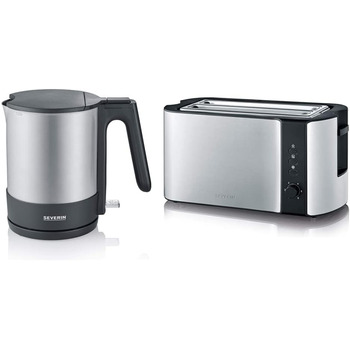 Чайник SEVERIN, потужний і компактний чайник з нержавіючої сталі в високоякісному дизайні, електрочайник з фільтром від накипу, нержавіюча сталь/чорний, WK 3409, (комплект з автоматичним тостером, 1 400 Вт)