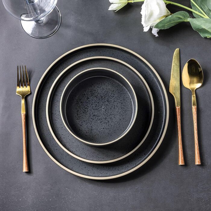 Набір посуду LeRatio для 6 осіб, 18-предметний набір керамічного посуду, керамічна миска та тарілка, стійкі до подряпин (18-предметний набір, антрацитово-сіро-білий обідок з цятками)