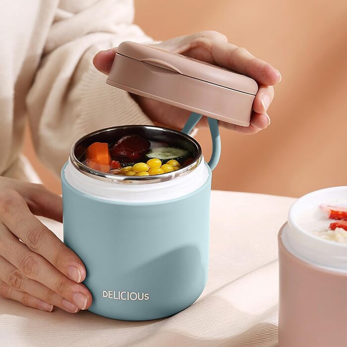 Герметичний ізольований харчовий контейнер, термоконтейнер, нержавіюча сталь, вакуумний харчовий контейнер з ложкою, для школи, роботи, пікніка (одношаровий) (синій)
