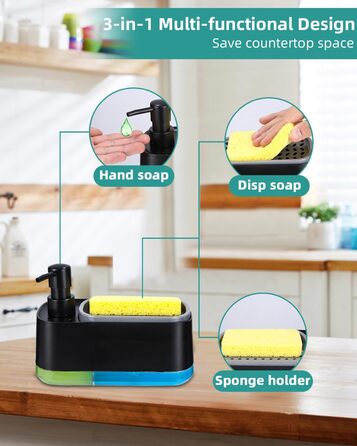 Кухонний набір з дозатором рідини для миття посуду, кухонний дозатор для мила з лотком і тримачем для губки, засіб для миття багаторазового використання, підходить для кухонної мийки (дозатор для мила 3 в 1 чорний)
