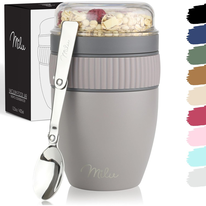 Стаканчик для пластівців Milu на винос 400 мл з назвою MsliMax для йогурту герметичний стаканчик з ложкою (сіро-коричневий, нержавіюча сталь)