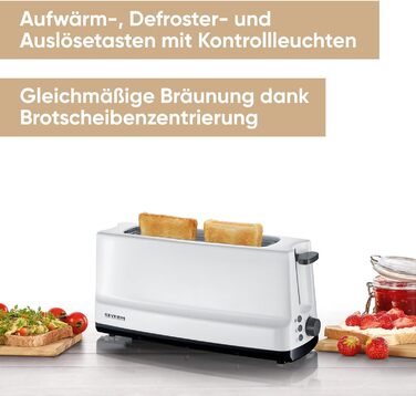 Автоматичний тостер SEVERIN з довгим слотом, 4 тости, автоматичний тостер з насадкою для булочки, тостер з нержавіючої сталі для підсмажування, розморожування та розігріву, 1 400 Вт, білий / сірий, AT 2234 (2 скибочки тостів)