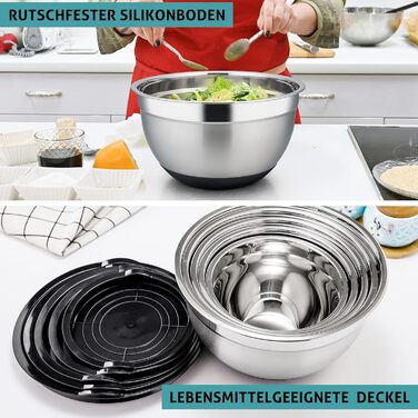 Миска для змішування Herogo, набір салатниць з нержавіючої сталі з 5 предметів із чорною кришкою та нековзною силіконовою основою, набір металевих мисок для випічки, нержавіючої та посудомийної машини (4.5/2.7/1.5/1.2/0.7 л) Чорний 5
