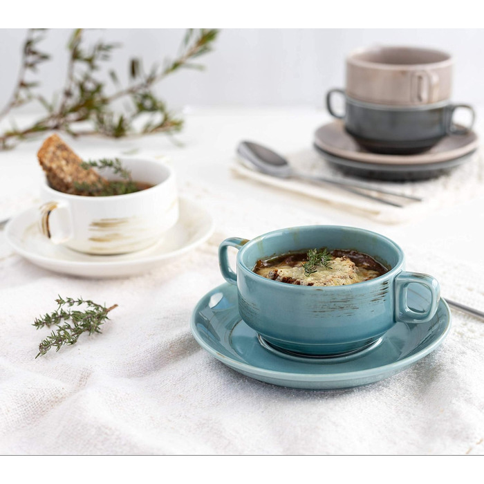 Серія Derby, преміальний набір посуду з квадратними тарілками на 4 персони гастрономічної якості, сучасний комбінований сервіз із 16 предметів у яскравих пастельних тонах, міцна порцеляна (набір супових чашок), 931448