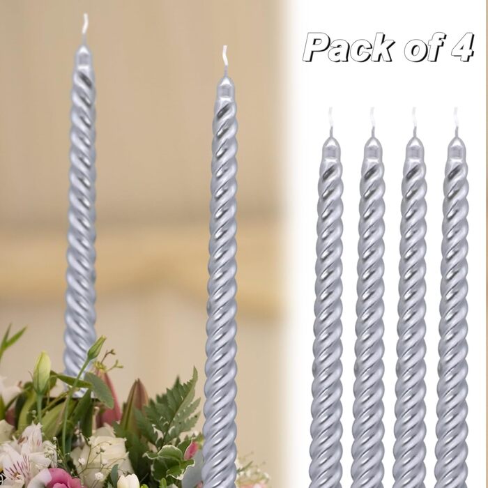 Набір з 4 конічних спіральних свічок 2 х 25,5 см, сріблястий Alederways