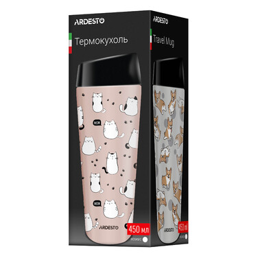 Термокружка ARDESTO Coffee Time Cats 450 мл, нержавеющая сталь, коричневый