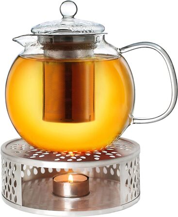 Скляний чайник Creano 1.3 л, скляний чайник із 3 частин із вбудованим ситечком з нержавіючої сталі та скляною кришкою, ідеально підходить для приготування сипучих чаїв, без крапель, універсальний (1,3 л тепліше)