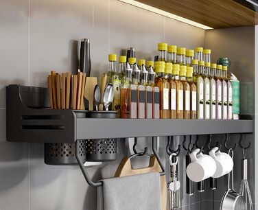 Підвісна підставка для спецій з металу, міцна кухонна полиця, настінна підставка для спецій, органайзер для спецій, кухонний органайзер, підставка для спецій з тримачем для рушників, Daojai, гачки та тримач для столових приборів, сіра, (80 см, чорна)